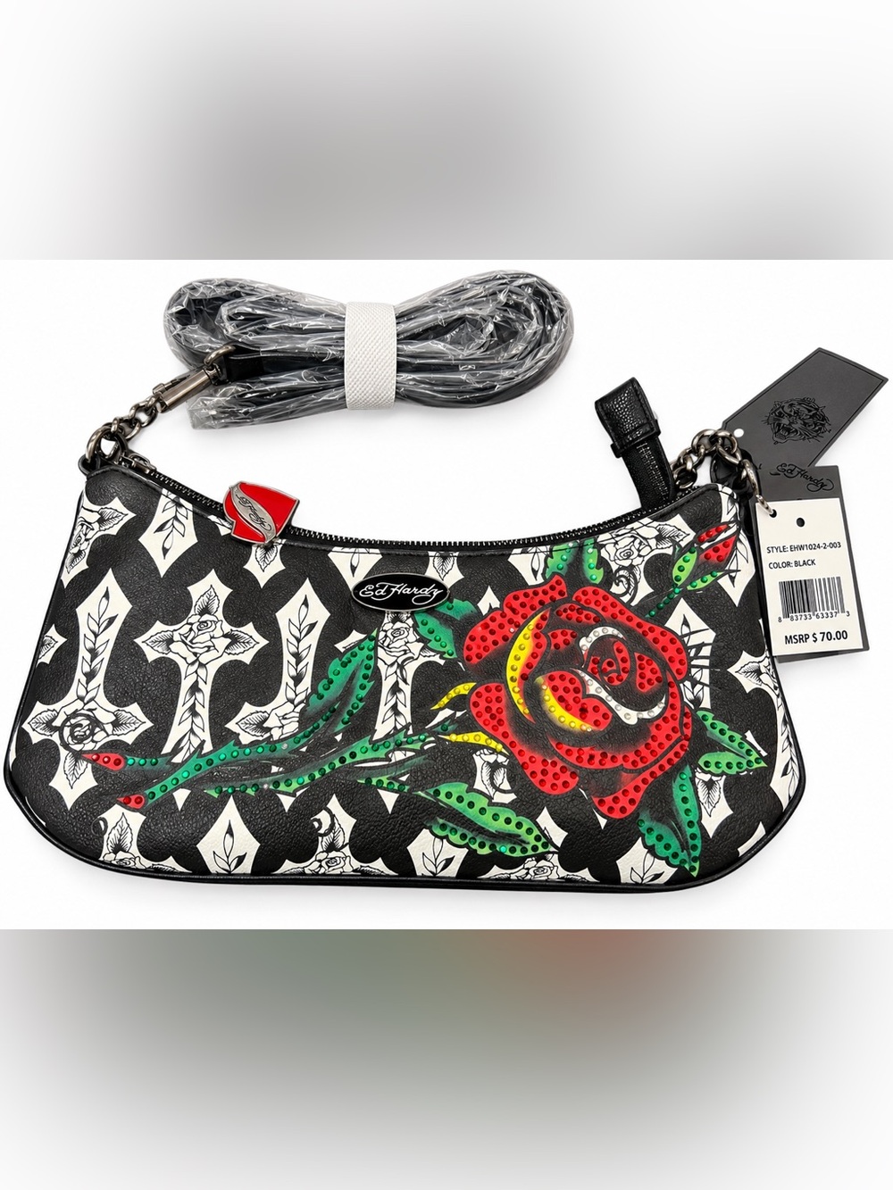 Ed Hardy Black Red Yellow Green Rose Crossbody Bag
